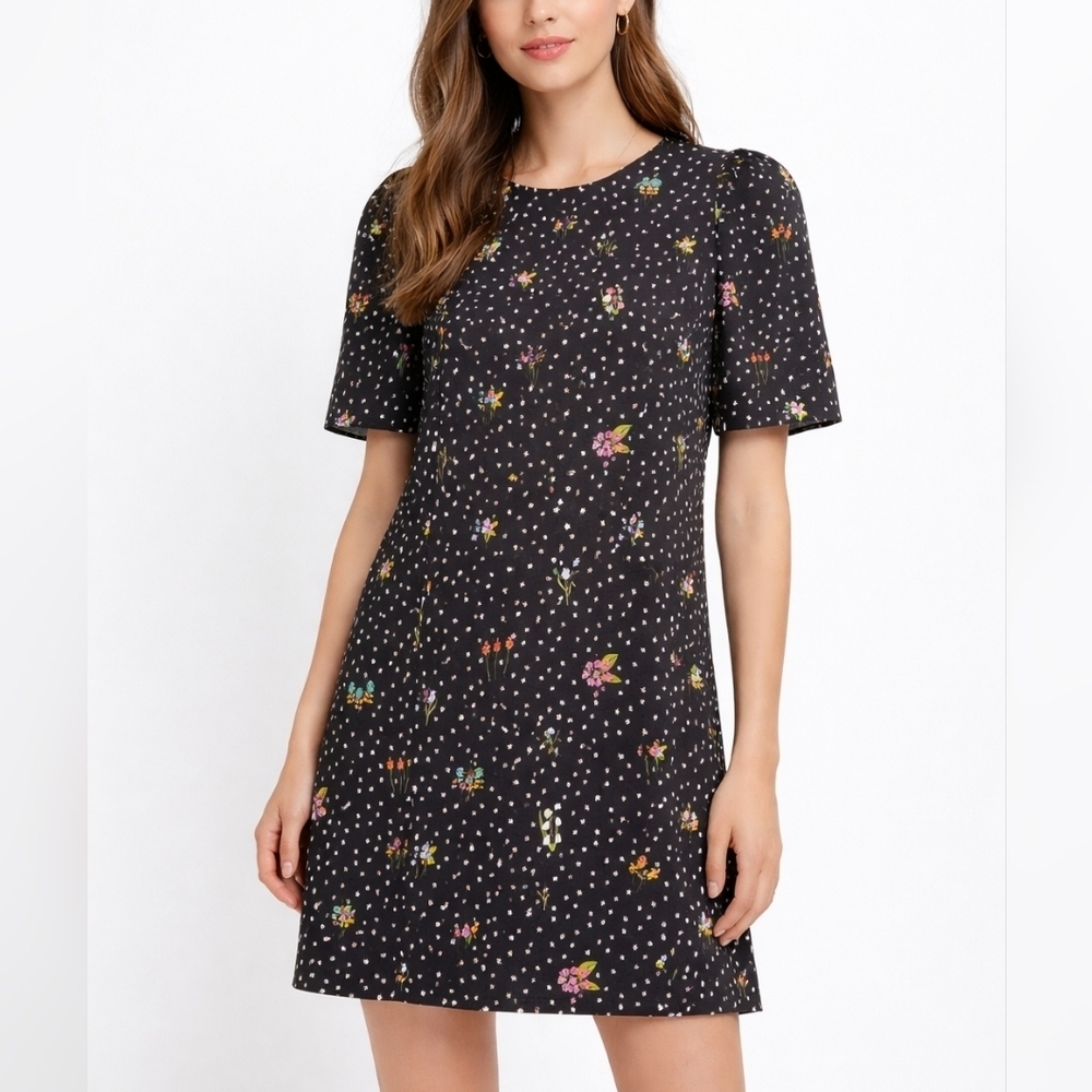 ✨️4/$20 Short Sleeve Black Ditsy Floral Shift Dress with Pockets, Size S